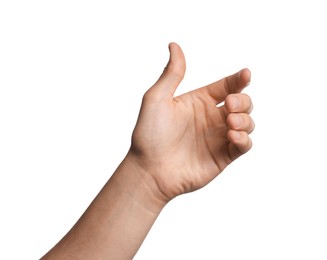 Photo of Man holding something on white background, closeup