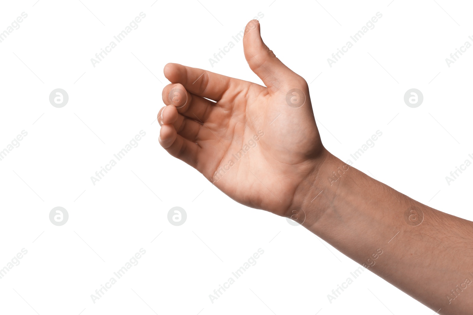 Man holding something on white background, closeup Photo of Man holding something on white background, closeup