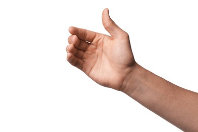 Photo of Man holding something on white background, closeup