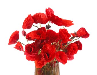 Photo of Bouquet of beautiful poppy flowers in vase isolated on white