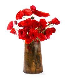 Photo of Bouquet of beautiful poppy flowers in vase isolated on white