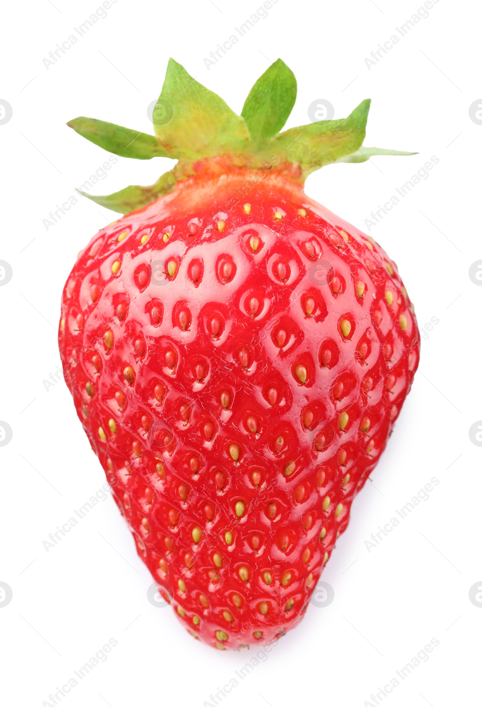 One fresh ripe strawberry isolated on white, top view Photo of One fresh ripe strawberry isolated on white, top view