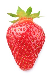 Photo of One fresh ripe strawberry isolated on white, top view