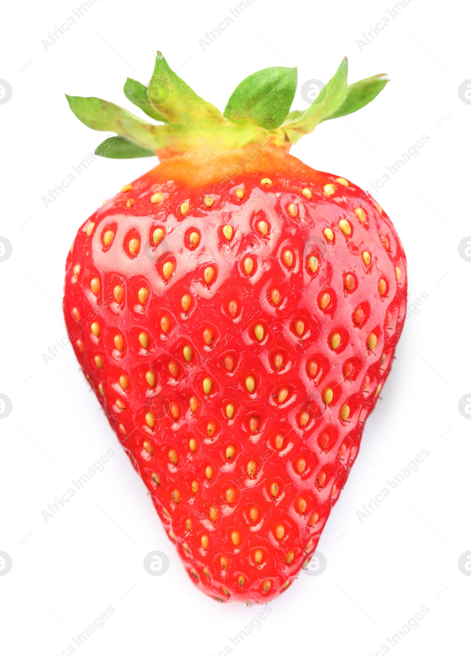 One fresh ripe strawberry isolated on white, top view Photo of One fresh ripe strawberry isolated on white, top view