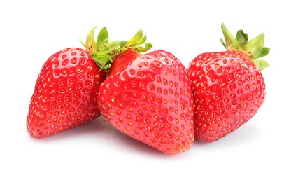 Photo of Three fresh ripe strawberries isolated on white