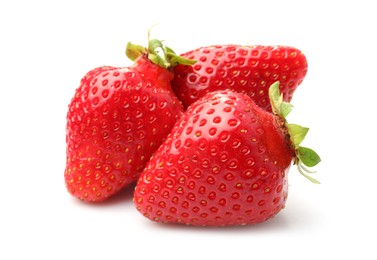 Photo of Three fresh ripe strawberries isolated on white