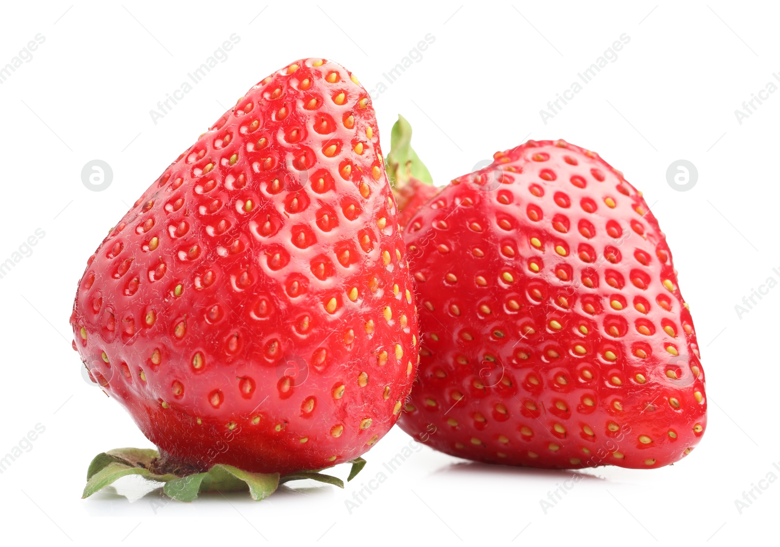 Two fresh ripe strawberries isolated on white Photo of Two fresh ripe strawberries isolated on white