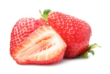 Photo of Whole and cut strawberries isolated on white