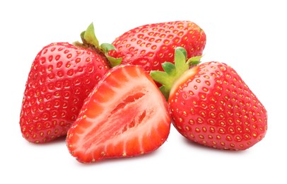 Photo of Whole and cut strawberries isolated on white