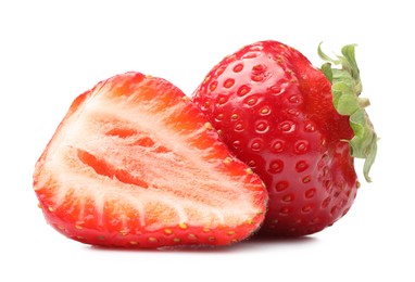 Photo of Whole and cut strawberries isolated on white