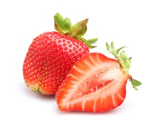 Photo of Whole and cut strawberries isolated on white