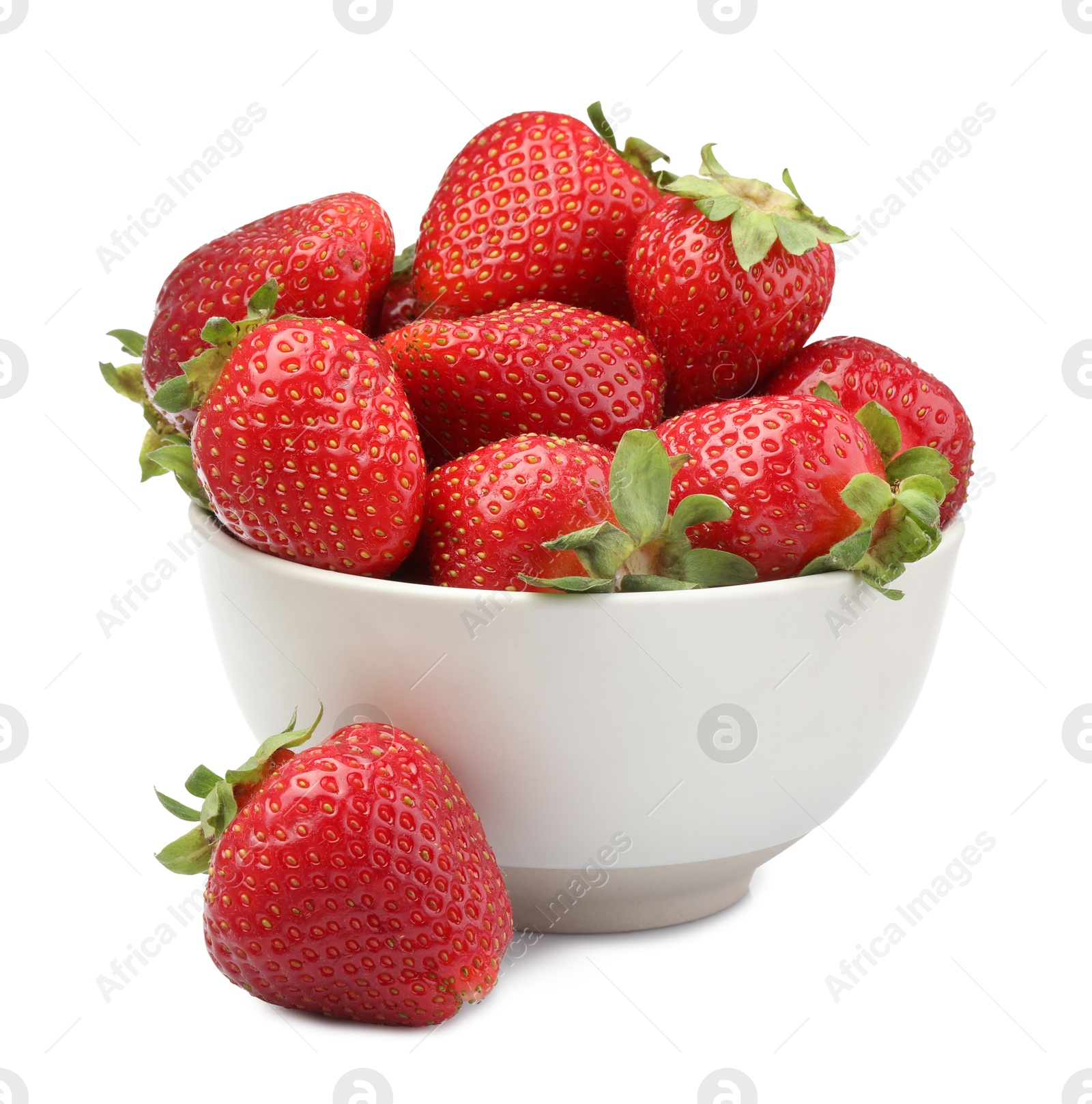 Fresh strawberries in bowl isolated on white Photo of Fresh strawberries in bowl isolated on white