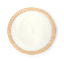 Photo of Delicious yogurt in bowl isolated on white, top view