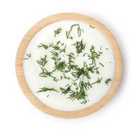 Photo of Delicious yogurt with dill in bowl isolated on white, top view