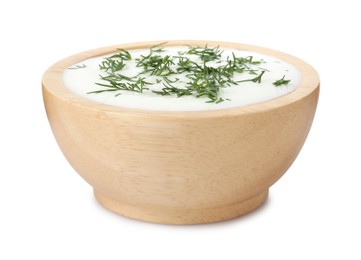 Photo of Delicious yogurt with dill in bowl isolated on white