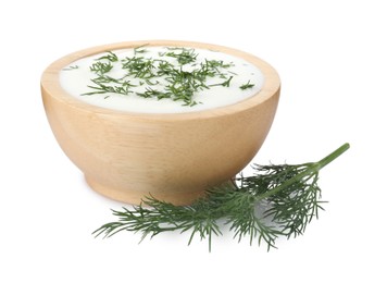 Photo of Delicious yogurt in bowl and dill isolated on white
