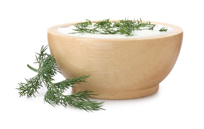 Photo of Delicious yogurt in bowl and dill isolated on white