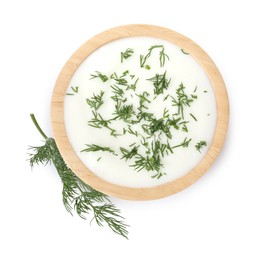 Photo of Delicious yogurt in bowl and dill isolated on white, top view