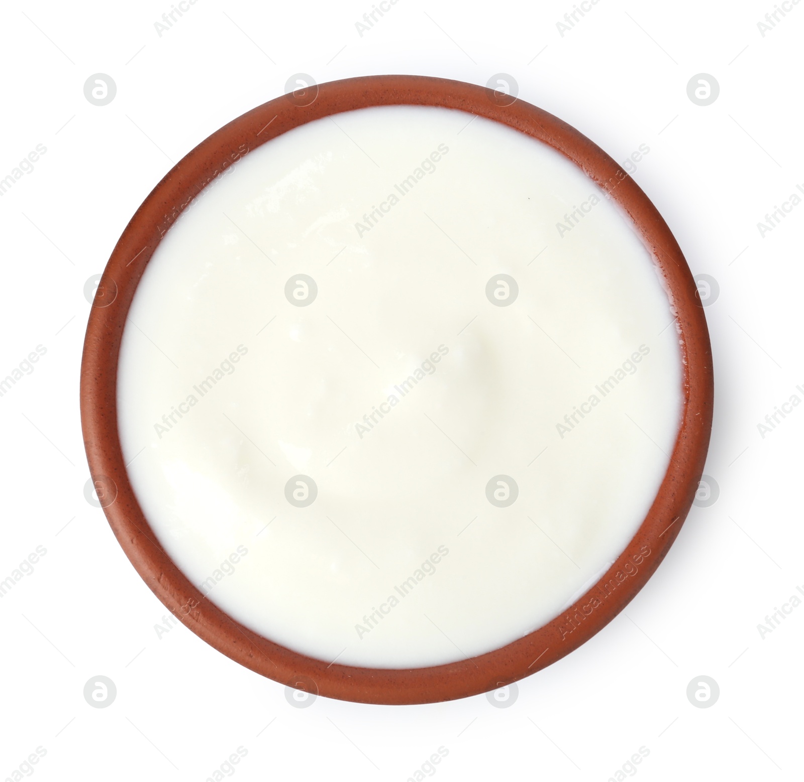 Delicious yogurt in bowl isolated on white, top view Photo of Delicious yogurt in bowl isolated on white, top view