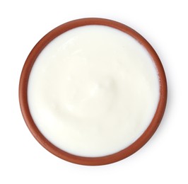 Photo of Delicious yogurt in bowl isolated on white, top view