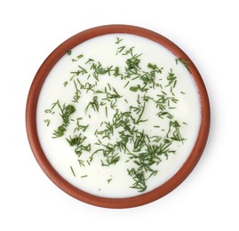 Photo of Delicious yogurt with dill in bowl isolated on white, top view