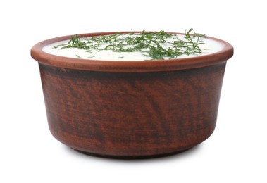 Photo of Delicious yogurt with dill in bowl isolated on white