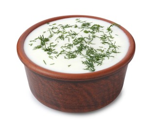 Photo of Delicious yogurt with dill in bowl isolated on white