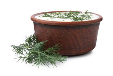 Photo of Delicious yogurt in bowl and dill isolated on white