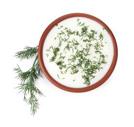 Photo of Delicious yogurt in bowl and dill isolated on white, top view