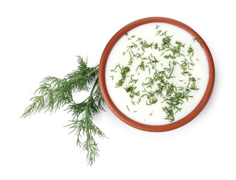 Photo of Delicious yogurt in bowl and dill isolated on white, top view