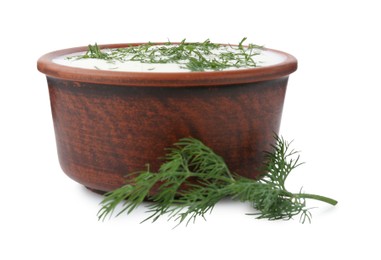 Photo of Delicious yogurt in bowl and dill isolated on white