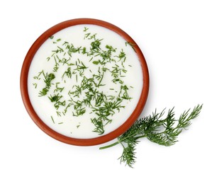 Photo of Delicious yogurt in bowl and dill isolated on white, top view