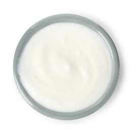 Photo of Delicious yogurt in bowl isolated on white, top view