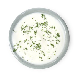 Photo of Delicious yogurt with dill in bowl isolated on white, top view
