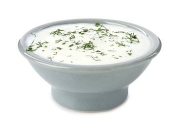 Photo of Delicious yogurt with dill in bowl isolated on white