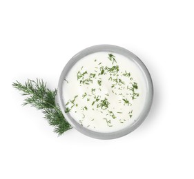 Photo of Delicious yogurt in bowl and dill isolated on white, top view