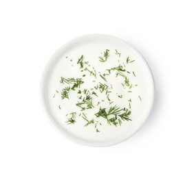 Photo of Delicious yogurt with dill in bowl isolated on white, top view
