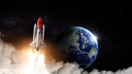 Image of Rocket in space on orbit of planet, banner design