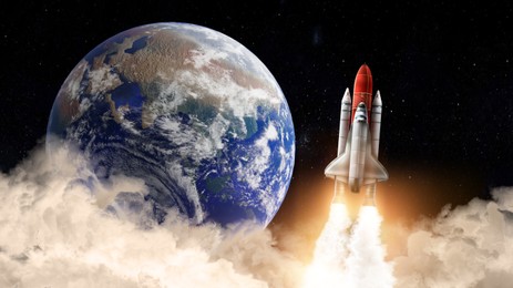 Image of Rocket in space on orbit of planet, banner design