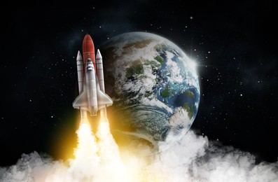 Image of Rocket in space on orbit of planet