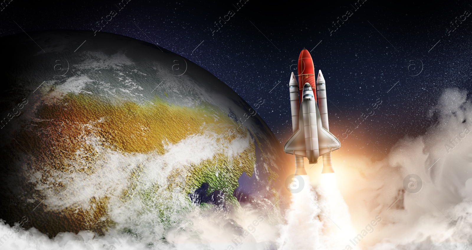 Rocket in space on orbit of planet, banner design Image of Rocket in space on orbit of planet, banner design