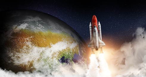 Image of Rocket in space on orbit of planet, banner design