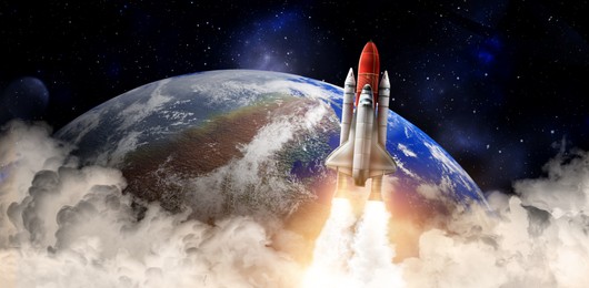 Image of Rocket in space on orbit of planet, banner design