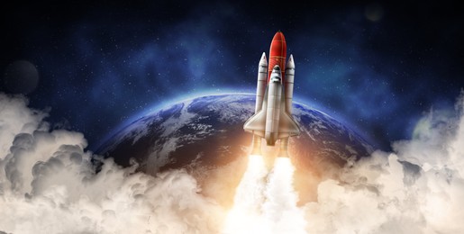 Image of Rocket in space on orbit of planet, banner design