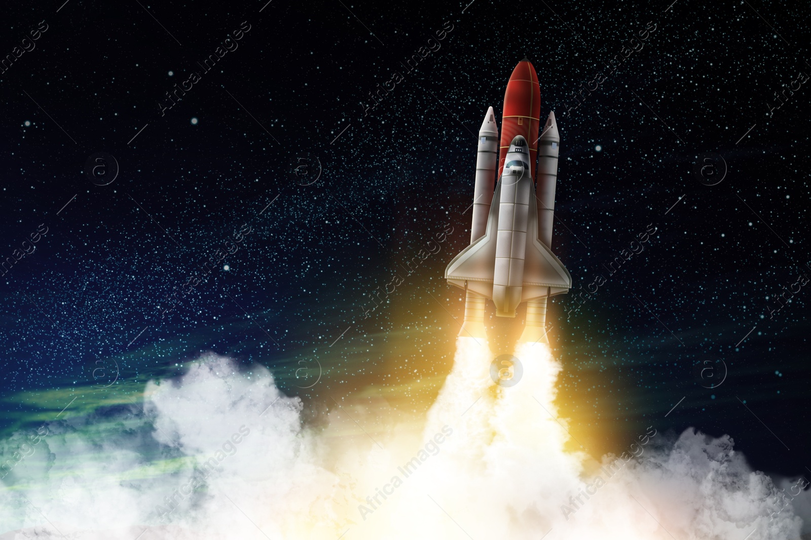Modern space rocket in beautiful starry sky Image of Modern space rocket in beautiful starry sky