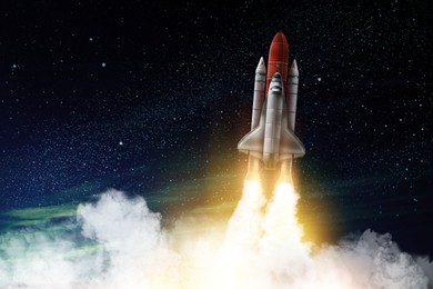 Image of Modern space rocket in beautiful starry sky