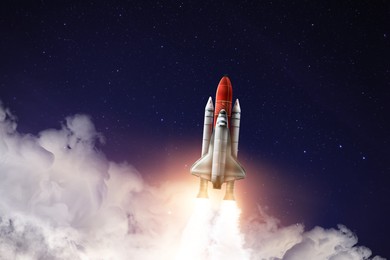 Image of Modern space rocket in beautiful starry sky