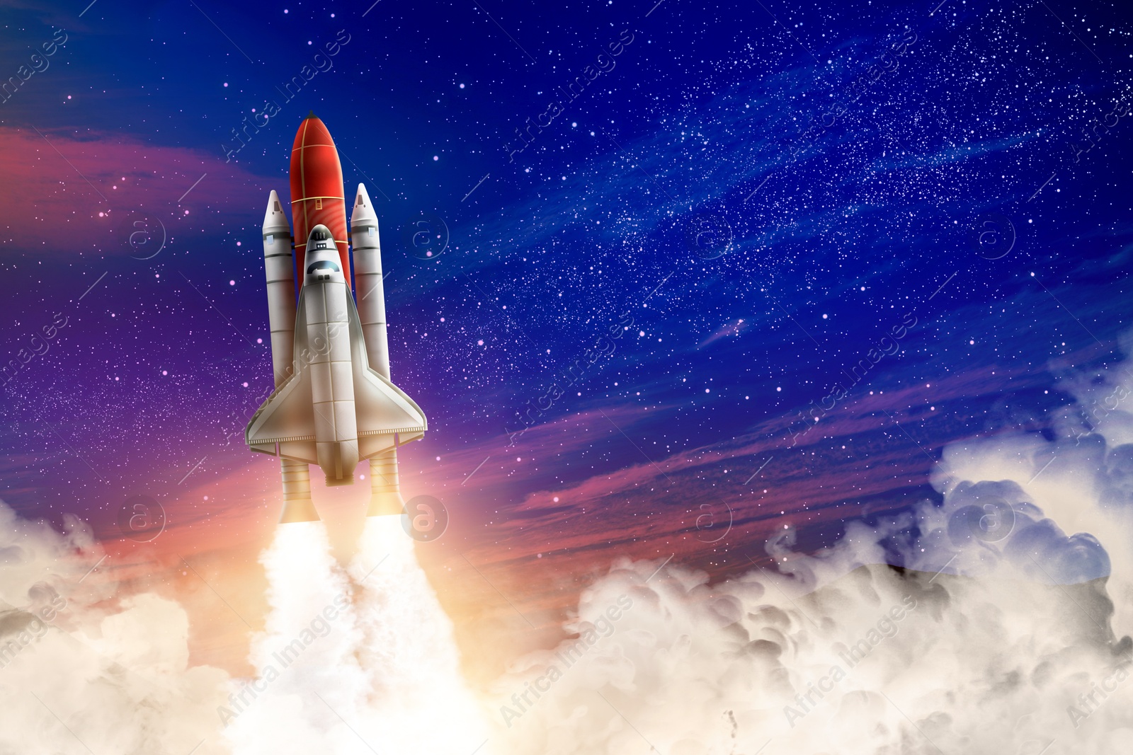 Modern space rocket in beautiful starry sky Image of Modern space rocket in beautiful starry sky