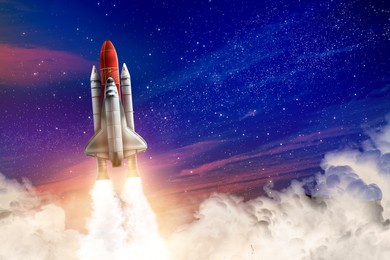 Image of Modern space rocket in beautiful starry sky