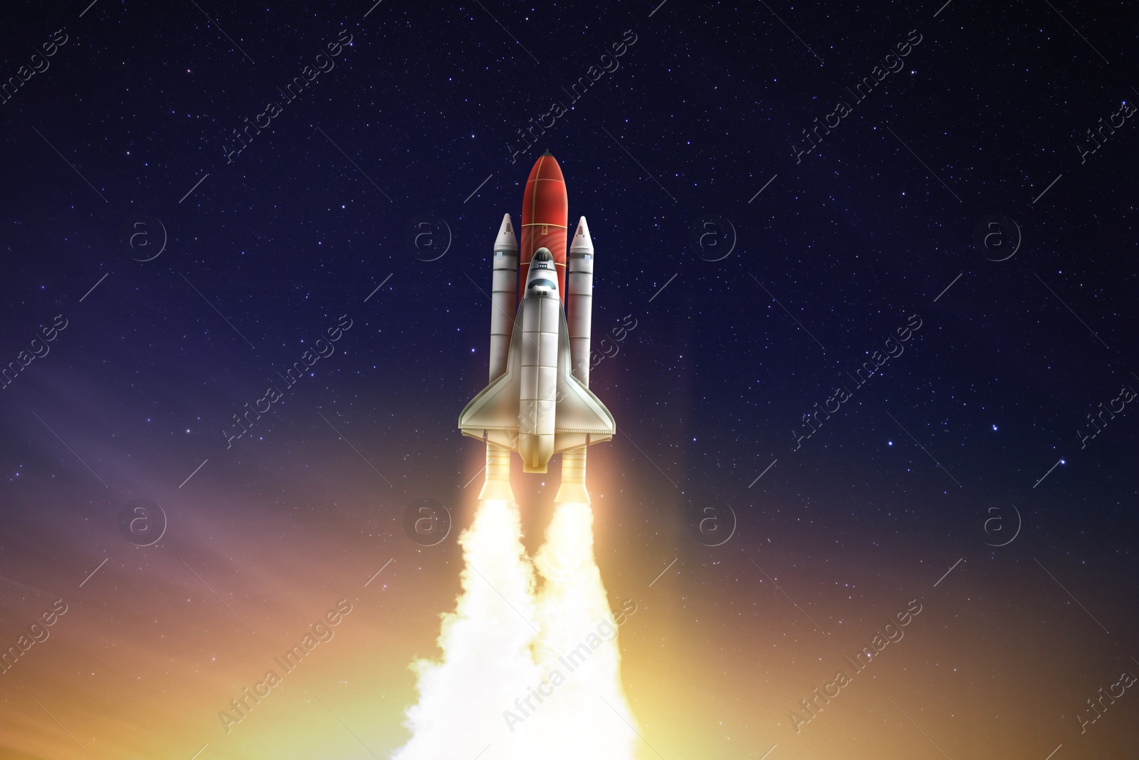 Modern space rocket in beautiful starry sky Image of Modern space rocket in beautiful starry sky